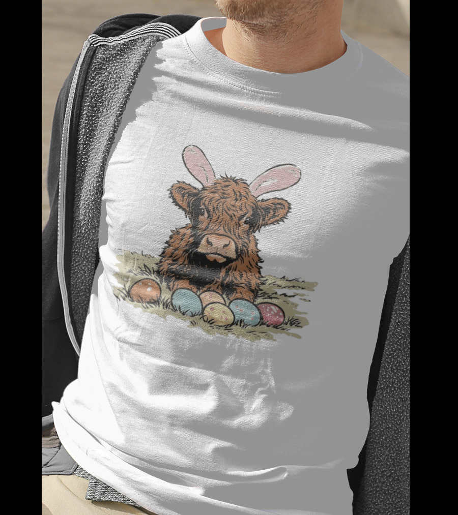 Highland Cow With Easter Eggs And Bunny Ears Easter Day 2026 T-Shirt