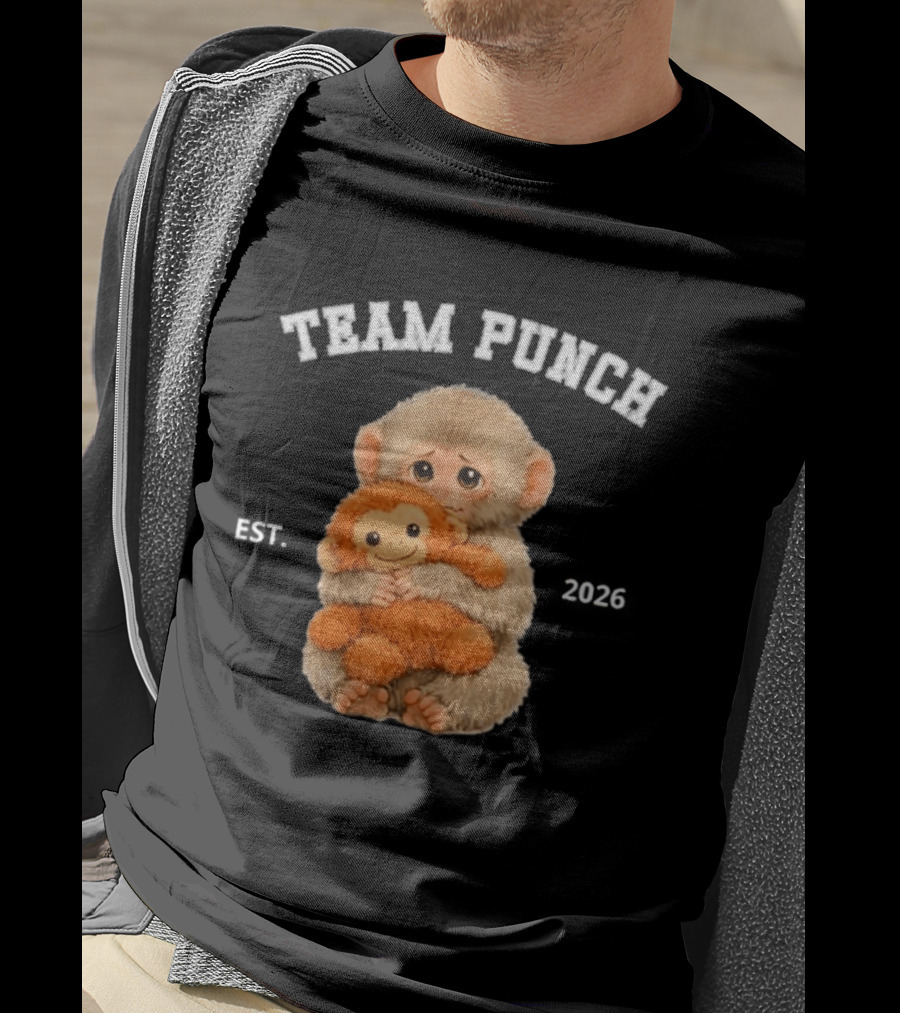 Team Punch Monkey EST 2026 Cute Baby Monkey Holding Plush Toy T-Shirt