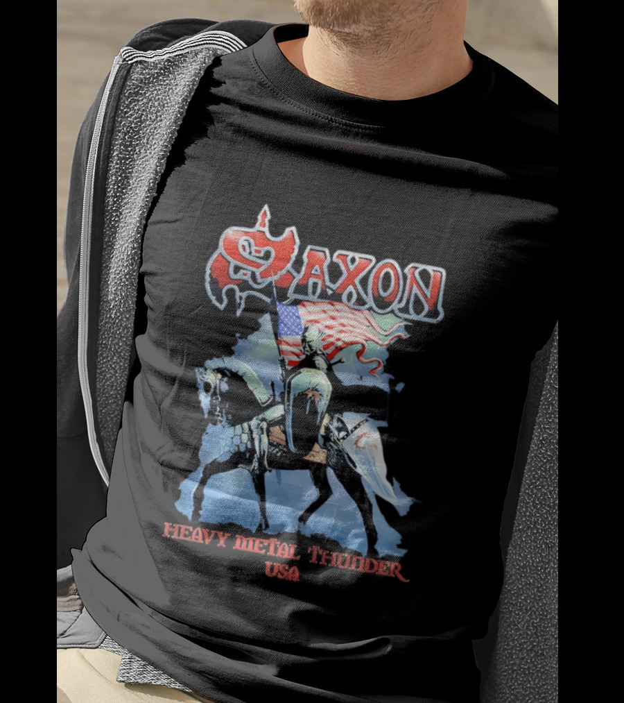 Saxon Heavy Metal Knight With American Flag USA T-Shirt