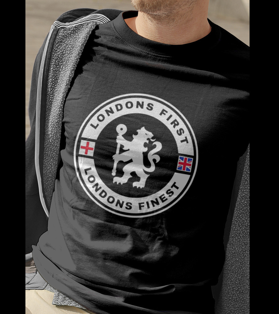 London's First London's Finest Lion Emblem Red And Blue Flags T-Shirt