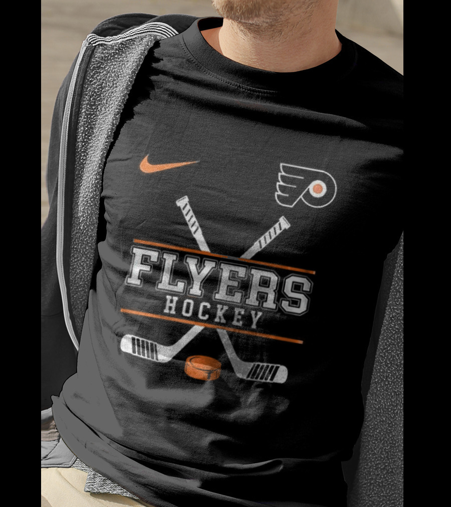 Philadelphia Flyers Nike Hockey Crossed Sticks And Puck T-Shirt