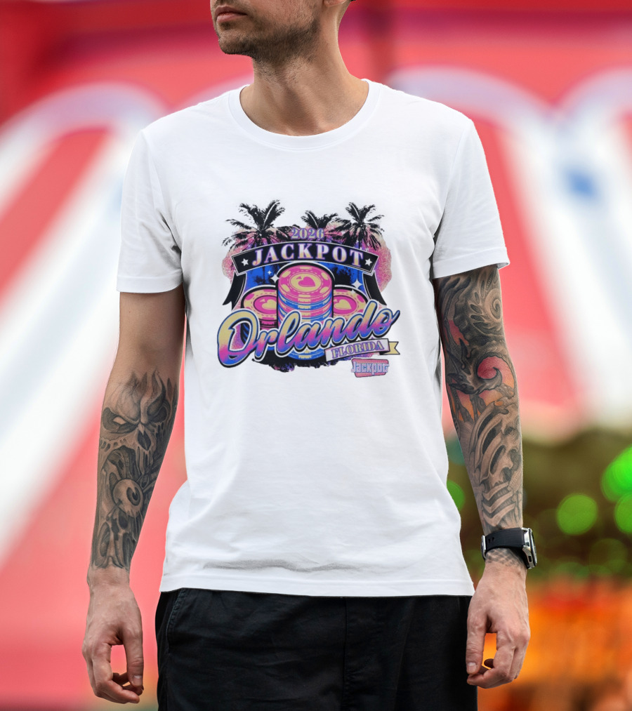 2026 Jackpot Orlando Florida Event With Palm Trees And Poker Chips T-Shirt