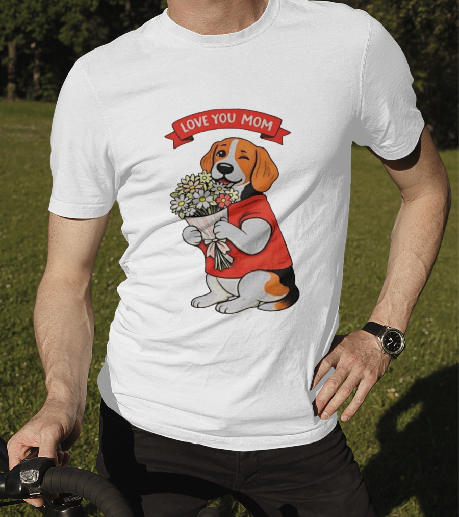Love You Mom Beagle Holding Flowers Bouquet T-Shirt
