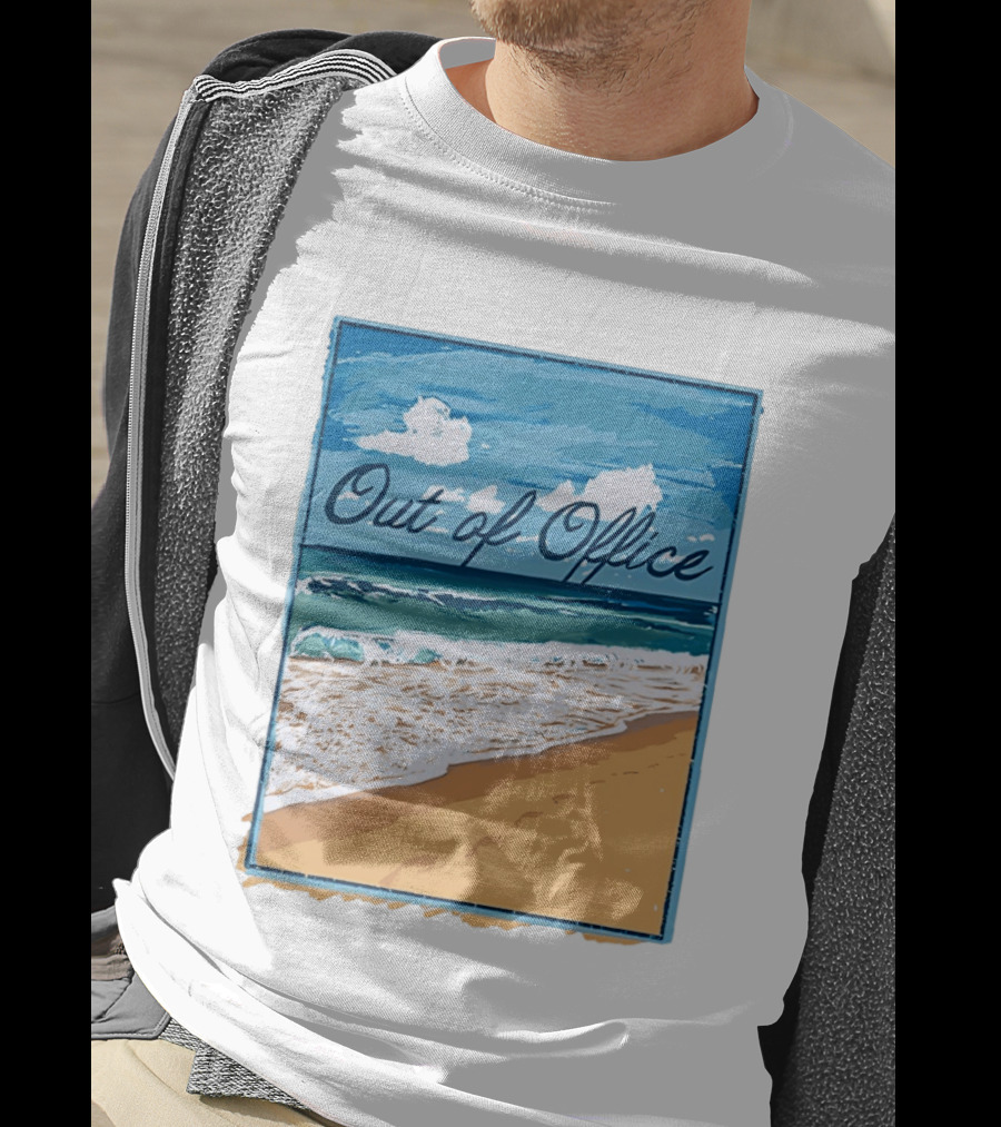 Out Of Office Beach Painting Photo 2025 Blue Sky Ocean Waves Sand T-Shirt