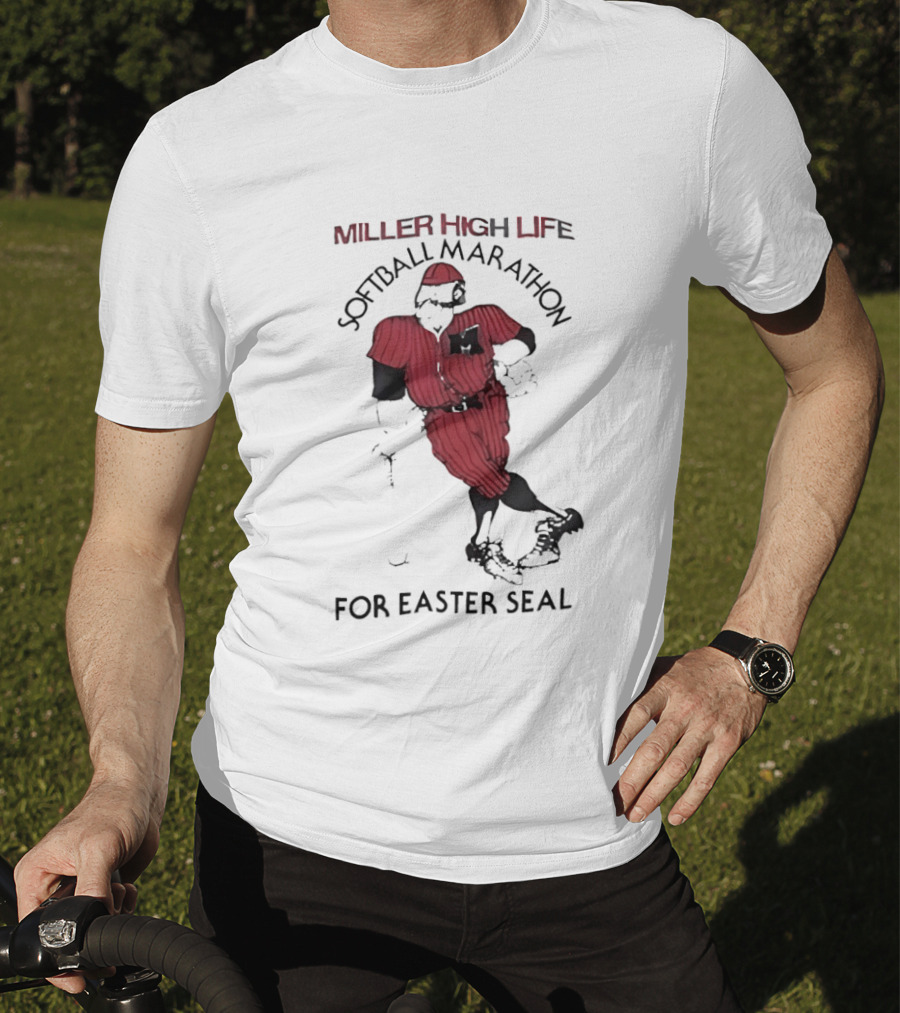 Miller High Life Softball Marathon For Easter Seal Player In Red Uniform T-Shirt