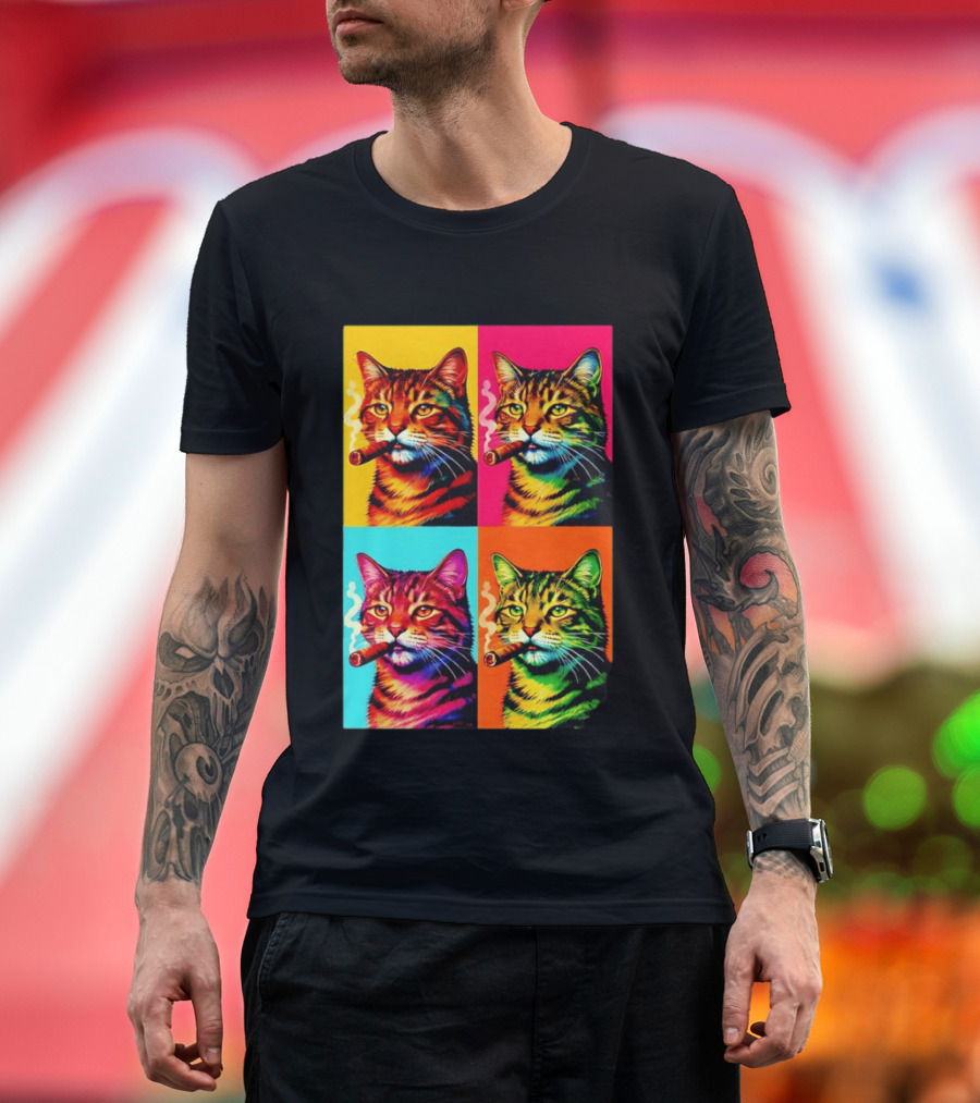 Pop Art Cat Smoking Cigar Colorful Comic T-Shirt