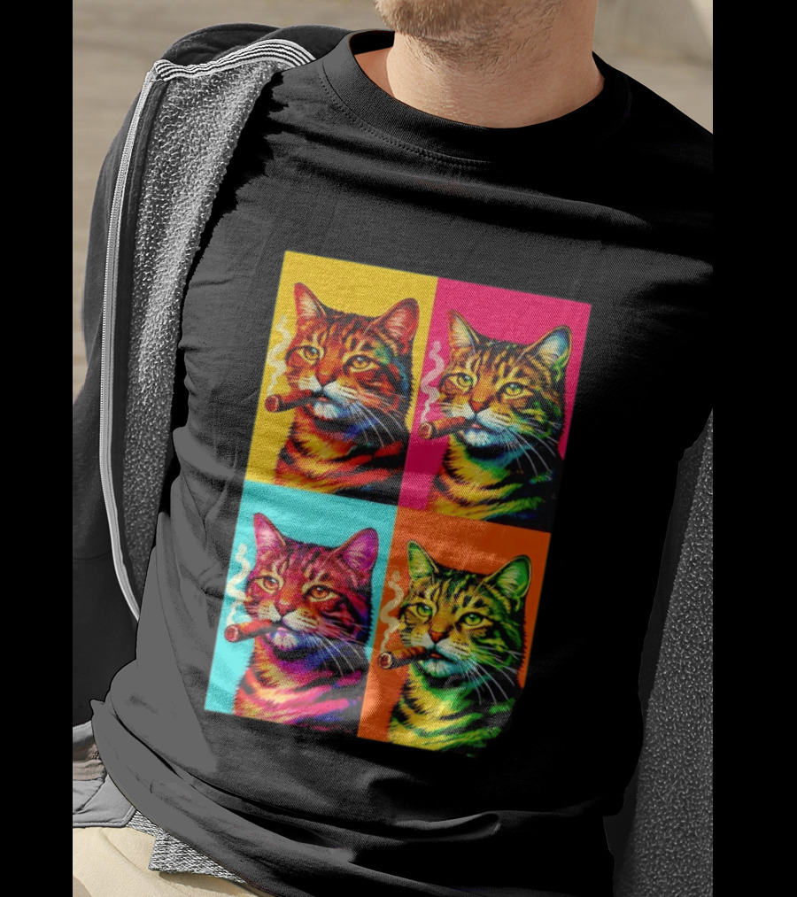 Pop Art Cat Smoking Cigar Colorful Comic T-Shirt