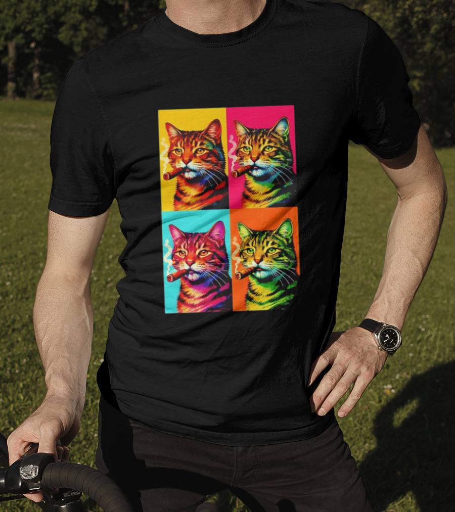 Pop Art Cat Smoking Cigar Colorful Comic T-Shirt