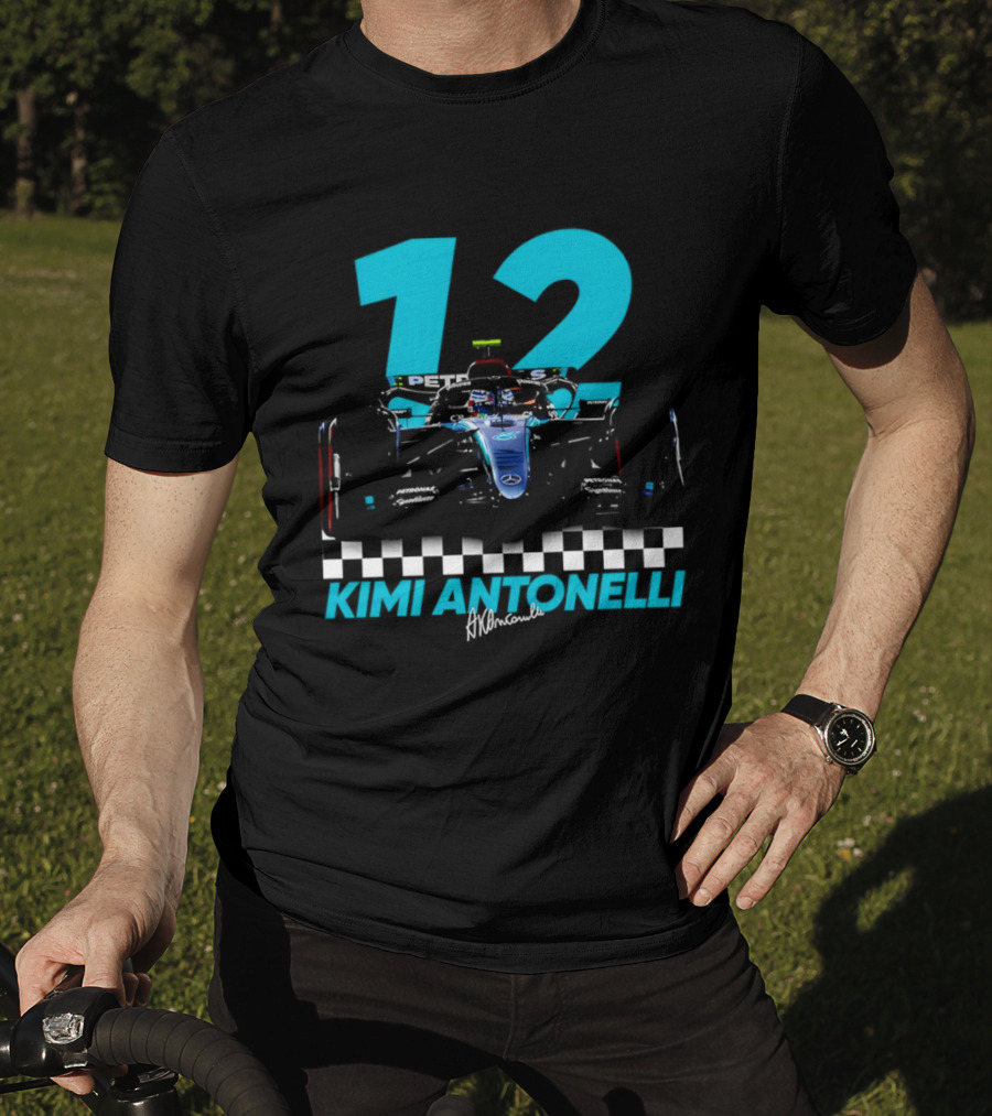 Kimi Antonelli 12 Formula One Racing Car With Checkered Flag T-Shirt