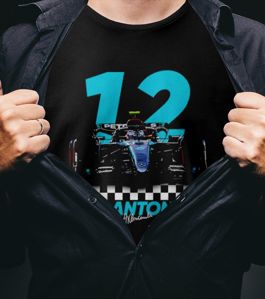 Kimi Antonelli 12 Formula One Racing Car With Checkered Flag T-Shirt