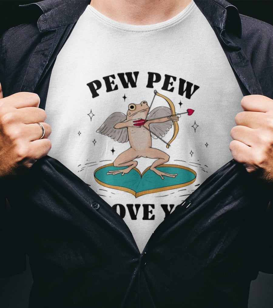 Pew Pew Cupid Frog Holding Love Bow Heart Shaped Lotus Leaf I Love You T-Shirt