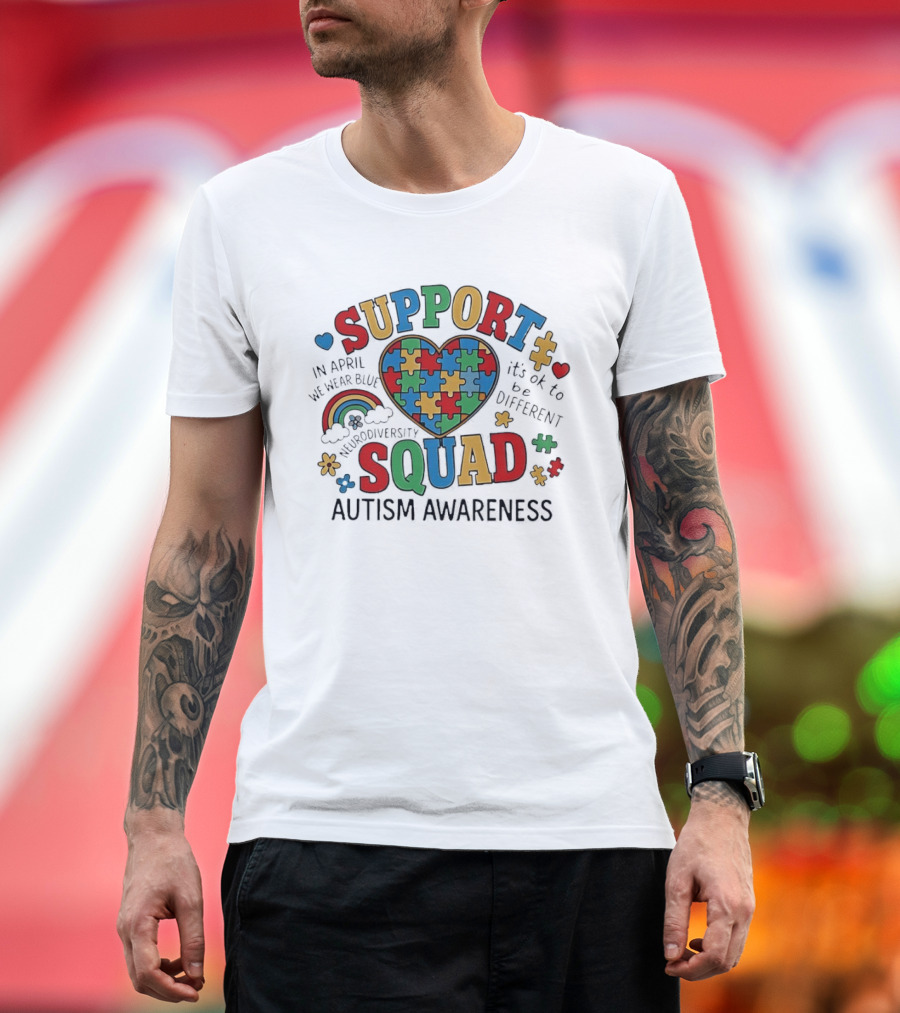 Autism Awareness Support Squad Neurodiversity Rainbow Puzzle Heart T-Shirt