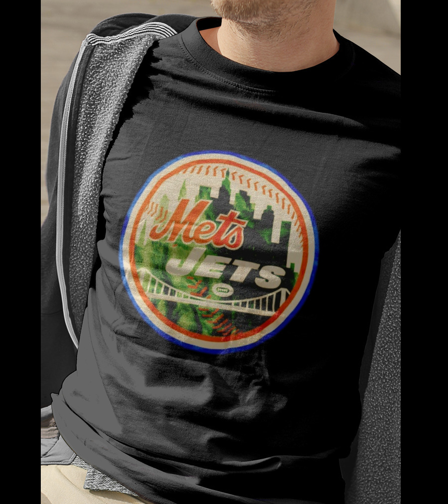 New York Mets Jets Football Baseball Crossover Skyline Bridge T-Shirt