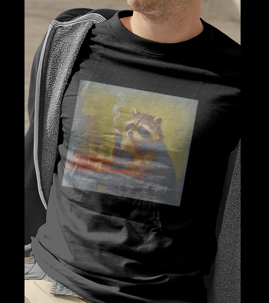Sad Raccoon Smoking Cigarette And Drinking Whiskey Scene T-Shirt