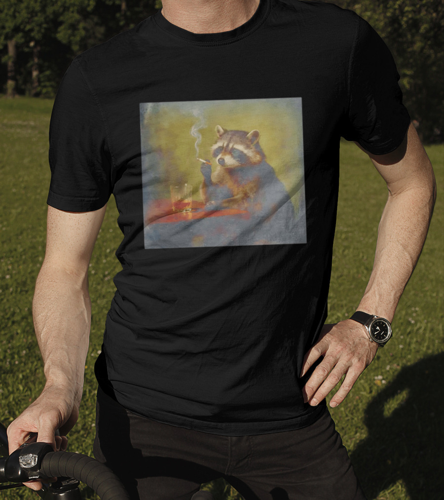 Sad Raccoon Smoking Cigarette And Drinking Whiskey Scene T-Shirt