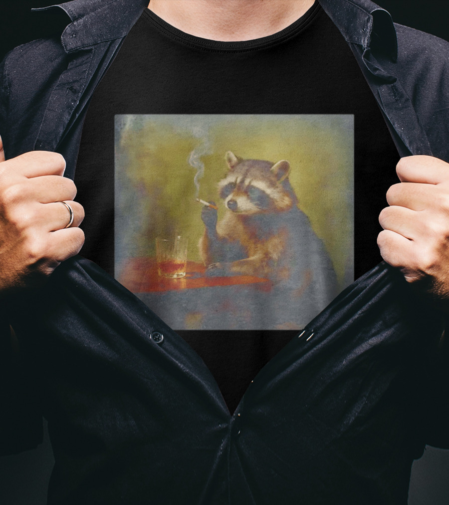 Sad Raccoon Smoking Cigarette And Drinking Whiskey Scene T-Shirt