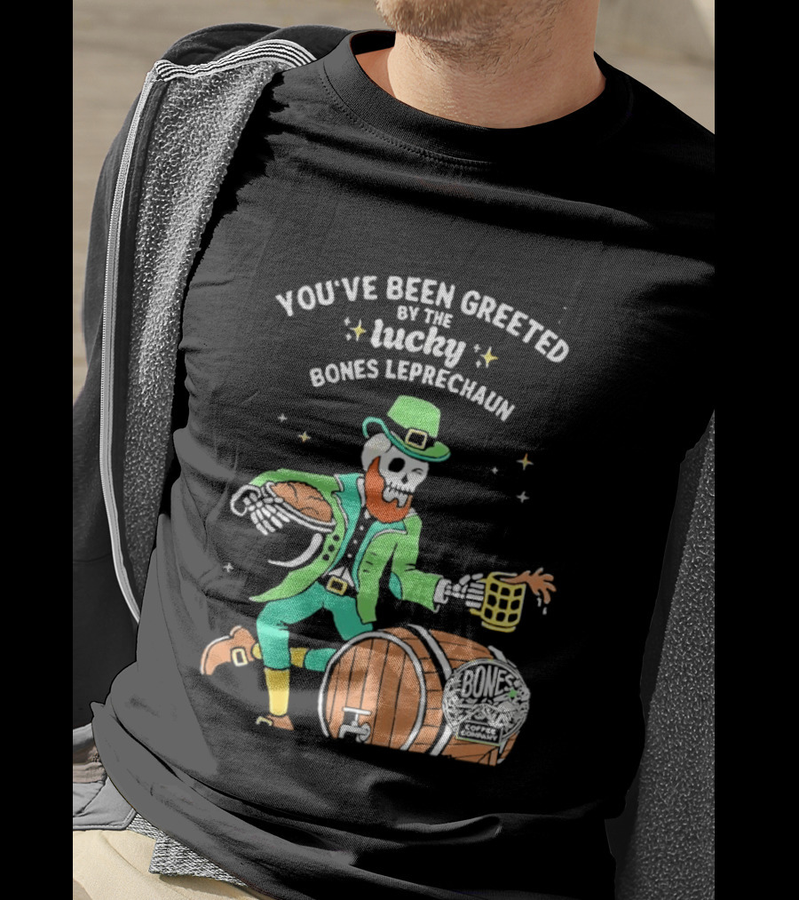 Lucky Bones Leprechaun With Beer And Barrel Celebration T-Shirt