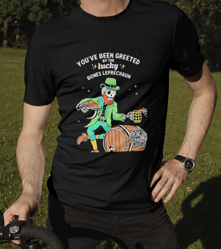 Lucky Bones Leprechaun With Beer And Barrel Celebration T-Shirt