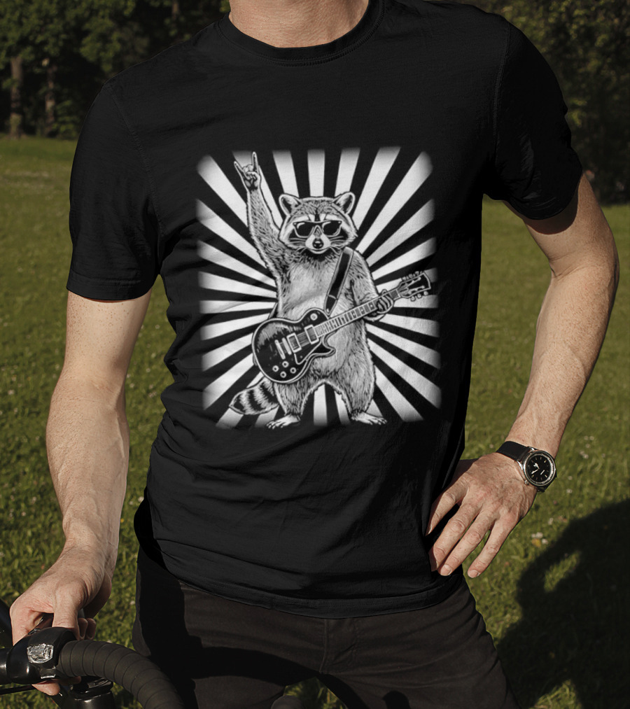 Raccoon With Guitar Rocking Out Retro Style Starburst T-Shirt