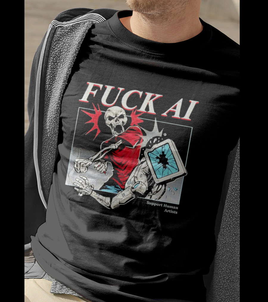 Skeleton Punch Robot Fuck AI Support Human Artists T-Shirt