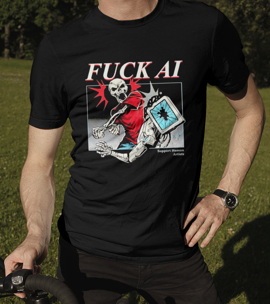 Skeleton Punch Robot Fuck AI Support Human Artists T-Shirt