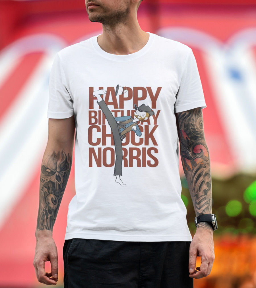 Happy Birthday Chuck Norris 2026 Cowboy Cartoon Kick T-Shirt