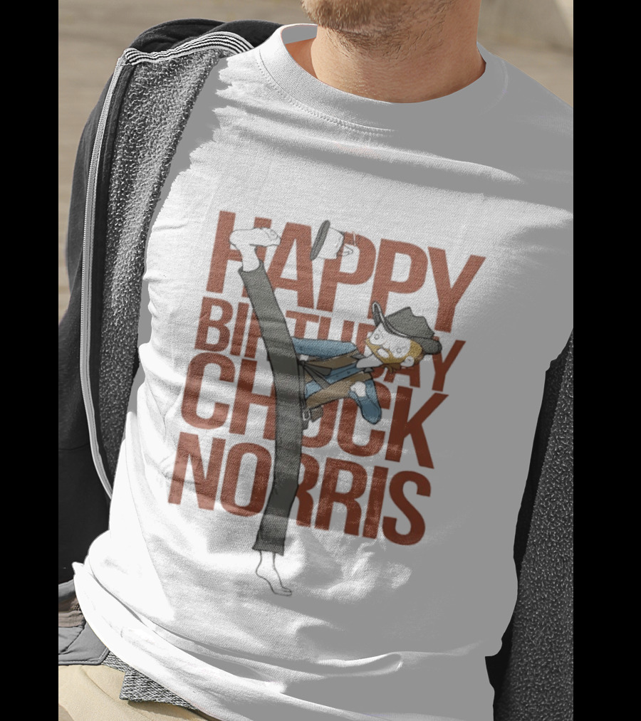 Happy Birthday Chuck Norris 2026 Cowboy Cartoon Kick T-Shirt