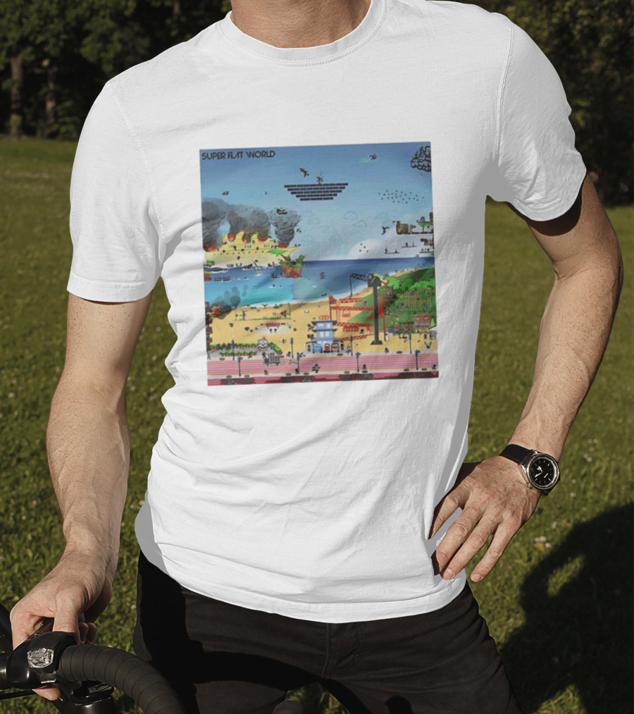 Super Flat World Cartoon Pixel Art Adventure Beach Cityscape Fantasy T-Shirt