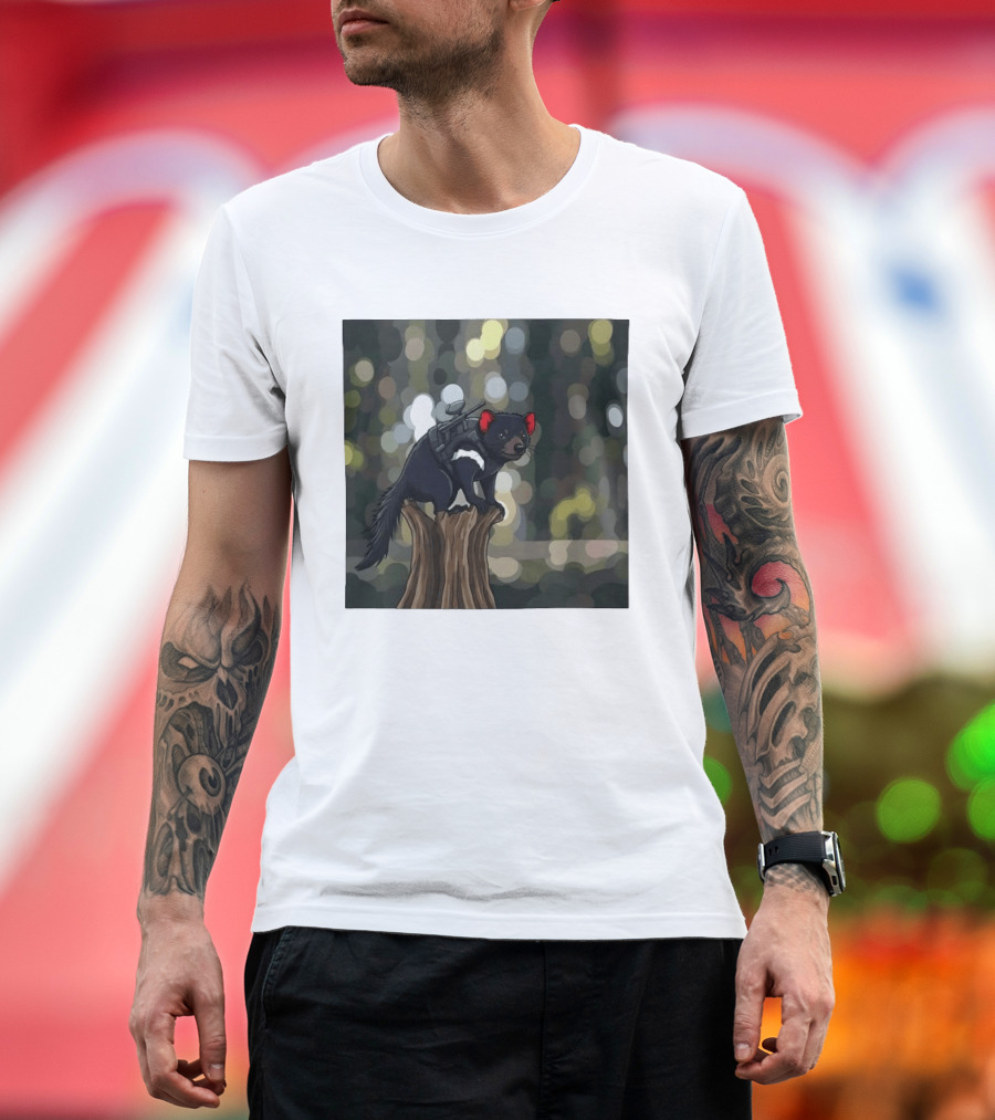 Tasmanian Devil with Machine Gun Cartoon on Tree Stump T-Shirt