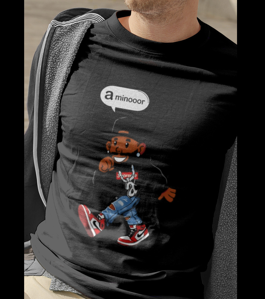 Kendrick Lamar Streetwear Cartoon Miniooor Red Sneakers Blue Jeans T-Shirt