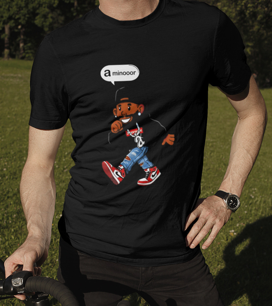 Kendrick Lamar Streetwear Cartoon Miniooor Red Sneakers Blue Jeans T-Shirt