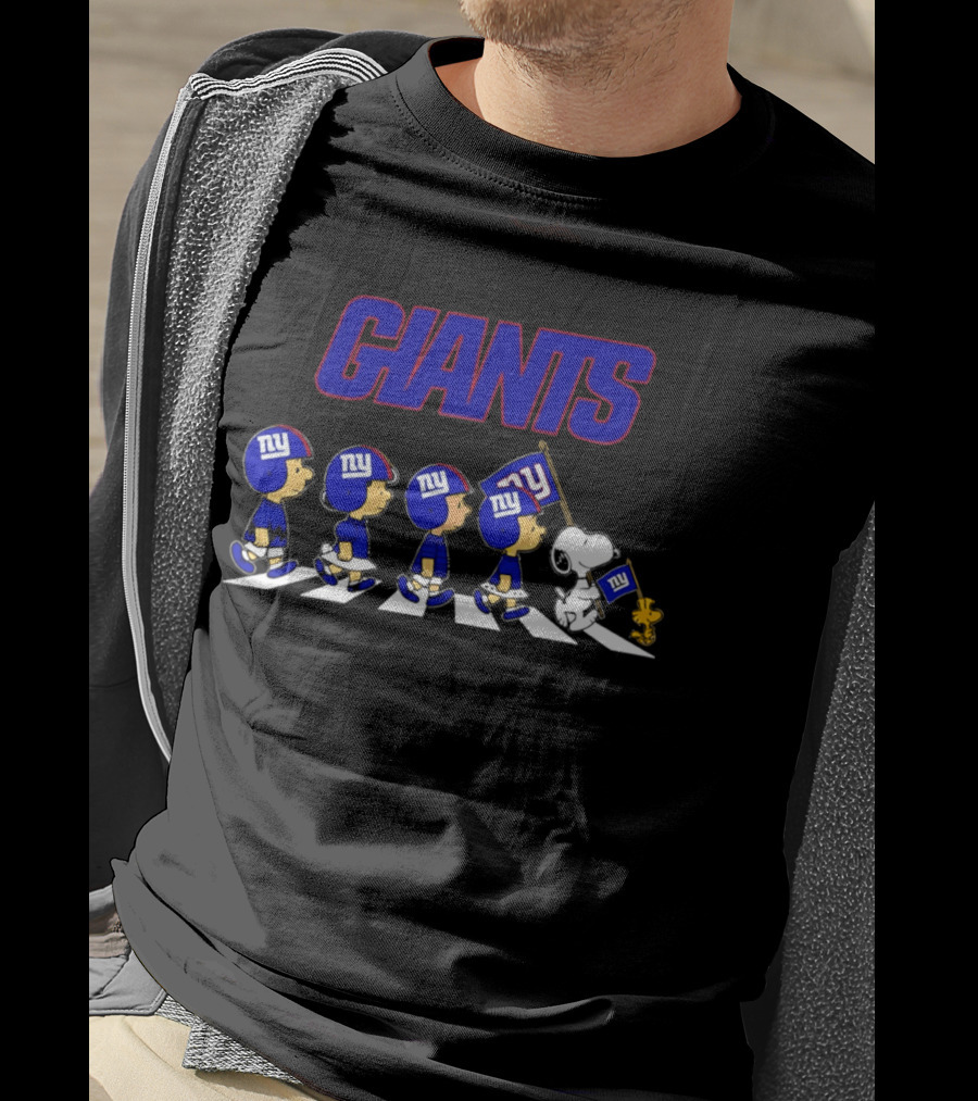 Peanuts Characters Walking With Giants Football Helmets And NY Flag T-Shirt