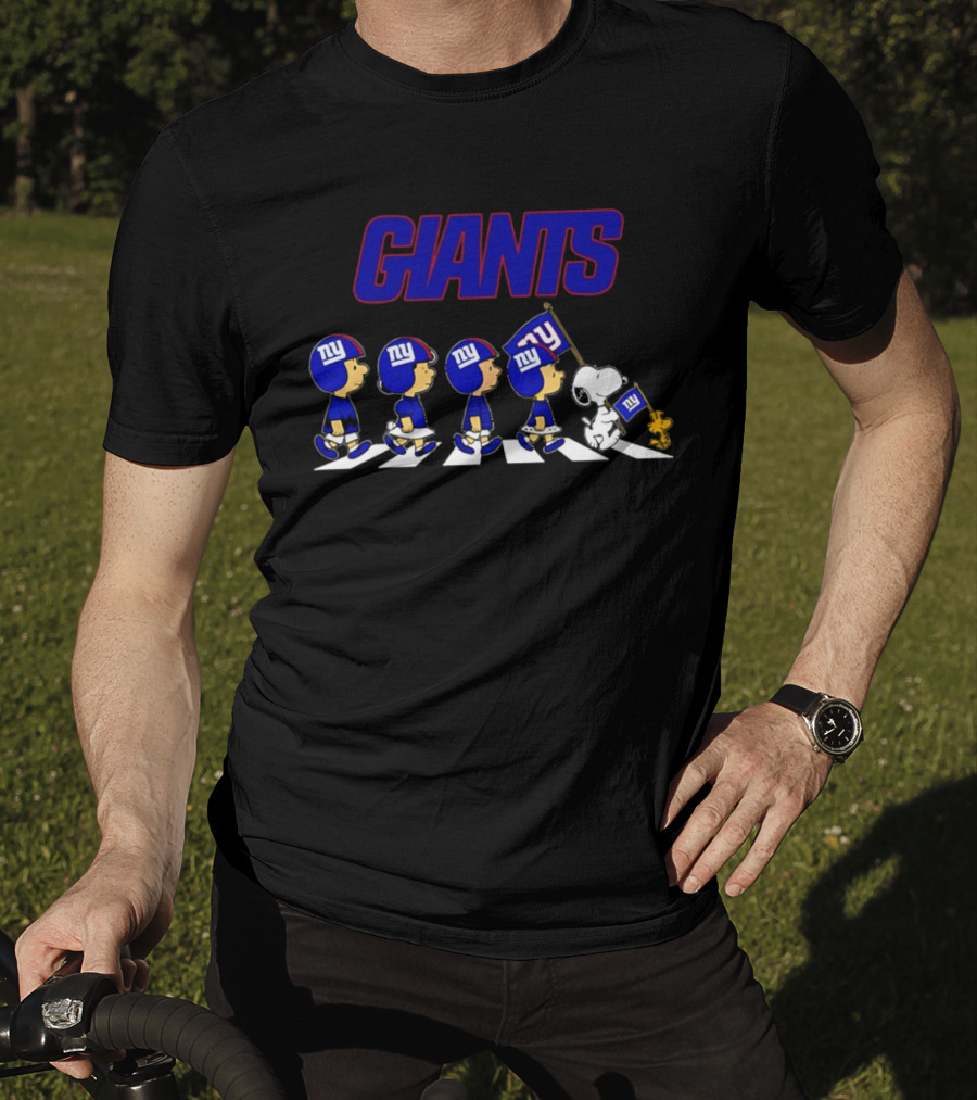 Peanuts Characters Walking With Giants Football Helmets And NY Flag T-Shirt