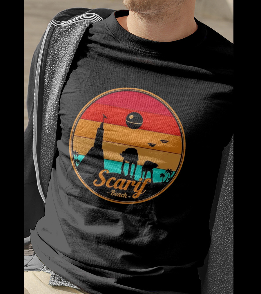Scarif Beach Sunset With AT ACT Walkers And Death Star T-Shirt