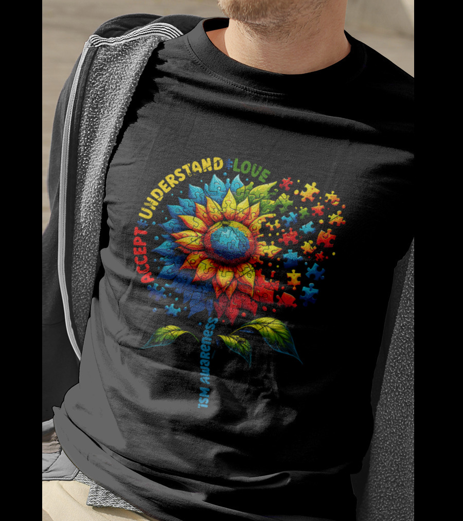 Accept Understand Love Sunflower Autism Awareness Puzzle Pieces T-Shirt
