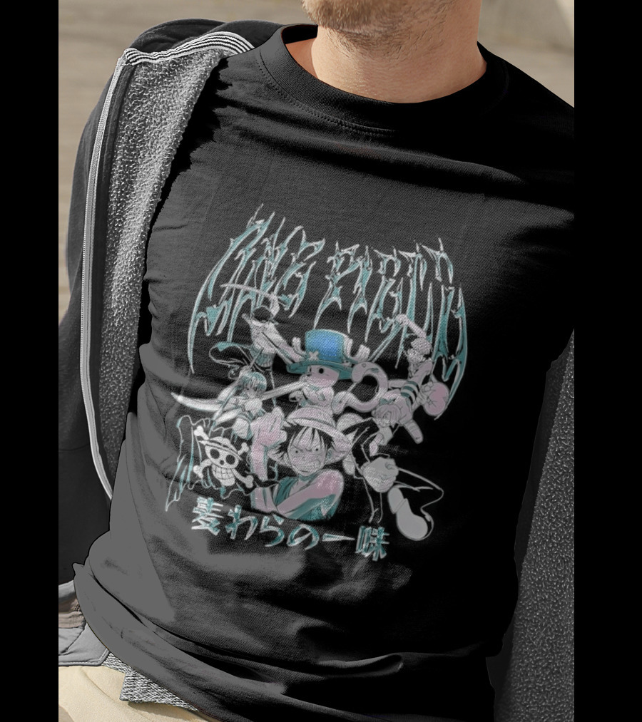 One Piece Group Chrome Luffy Zoro Nami Sanji Chopper Tony Tony Pirate Crew Manga Anime Style Kanji T-Shirt