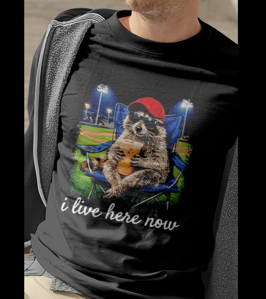 Raccoon I Live Here Now With Sunglasses And Drink At Baseball Field T-Shirt