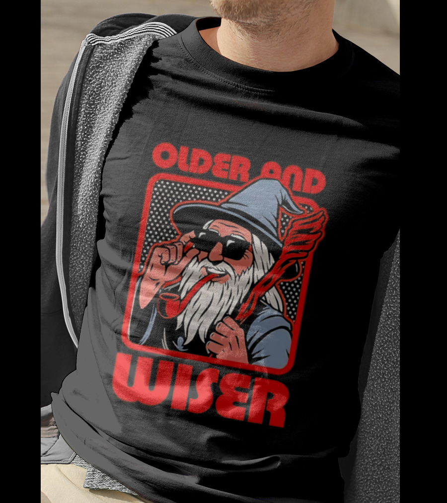 Older And Wiser Wizard Smoking Pipe In Sunglasses Wise Pop T-Shirt