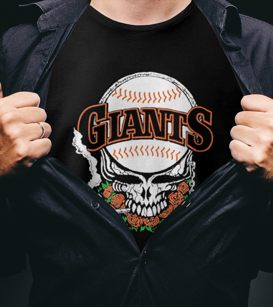 San Francisco Giants Skull With Baseball And Roses T-Shirt