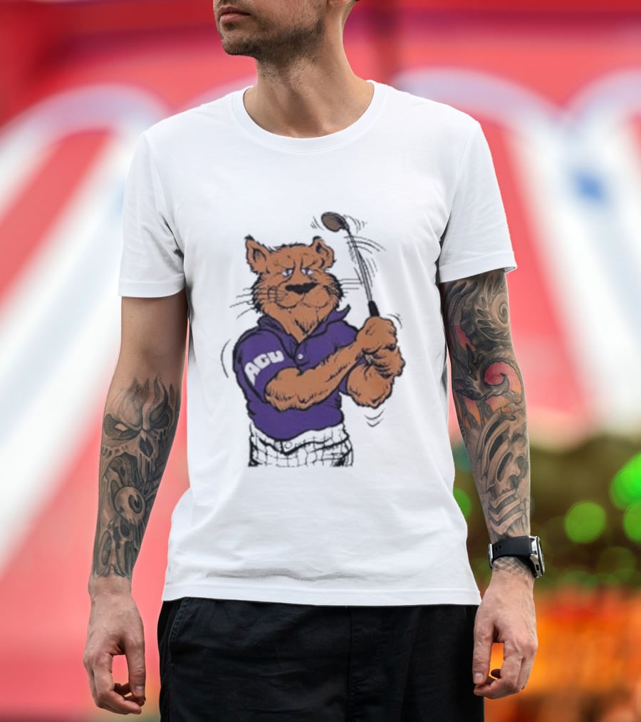 ACU Golf Puma In Purple Polo Swinging A Club T-Shirt