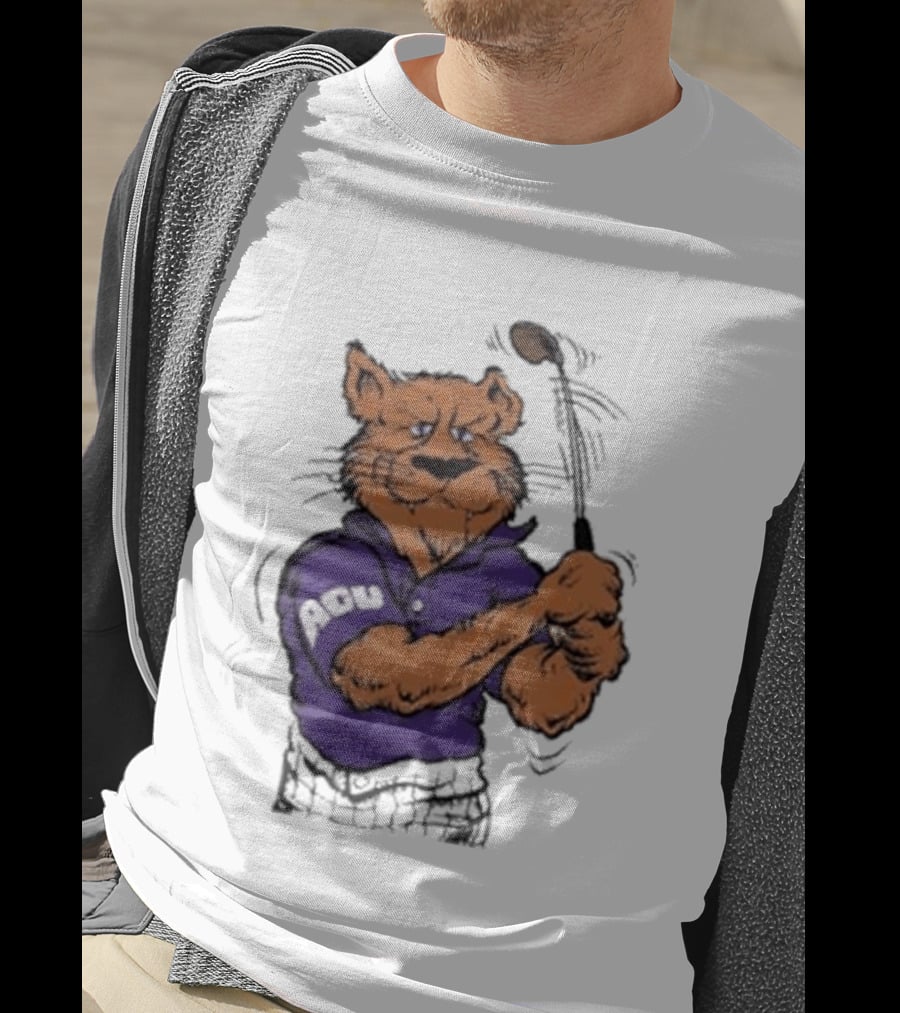 ACU Golf Puma In Purple Polo Swinging A Club T-Shirt
