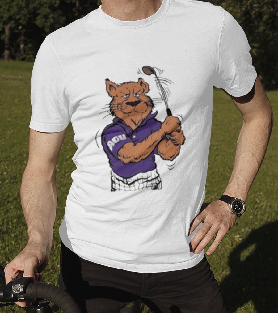 ACU Golf Puma In Purple Polo Swinging A Club T-Shirt