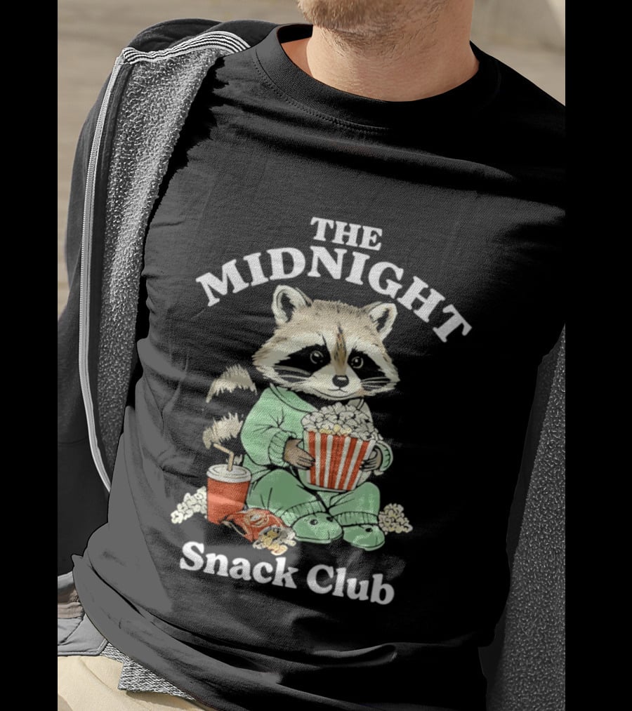 The Midnight Snack Club Raccoon Eating Butter Popcorn Pajamas T-Shirt