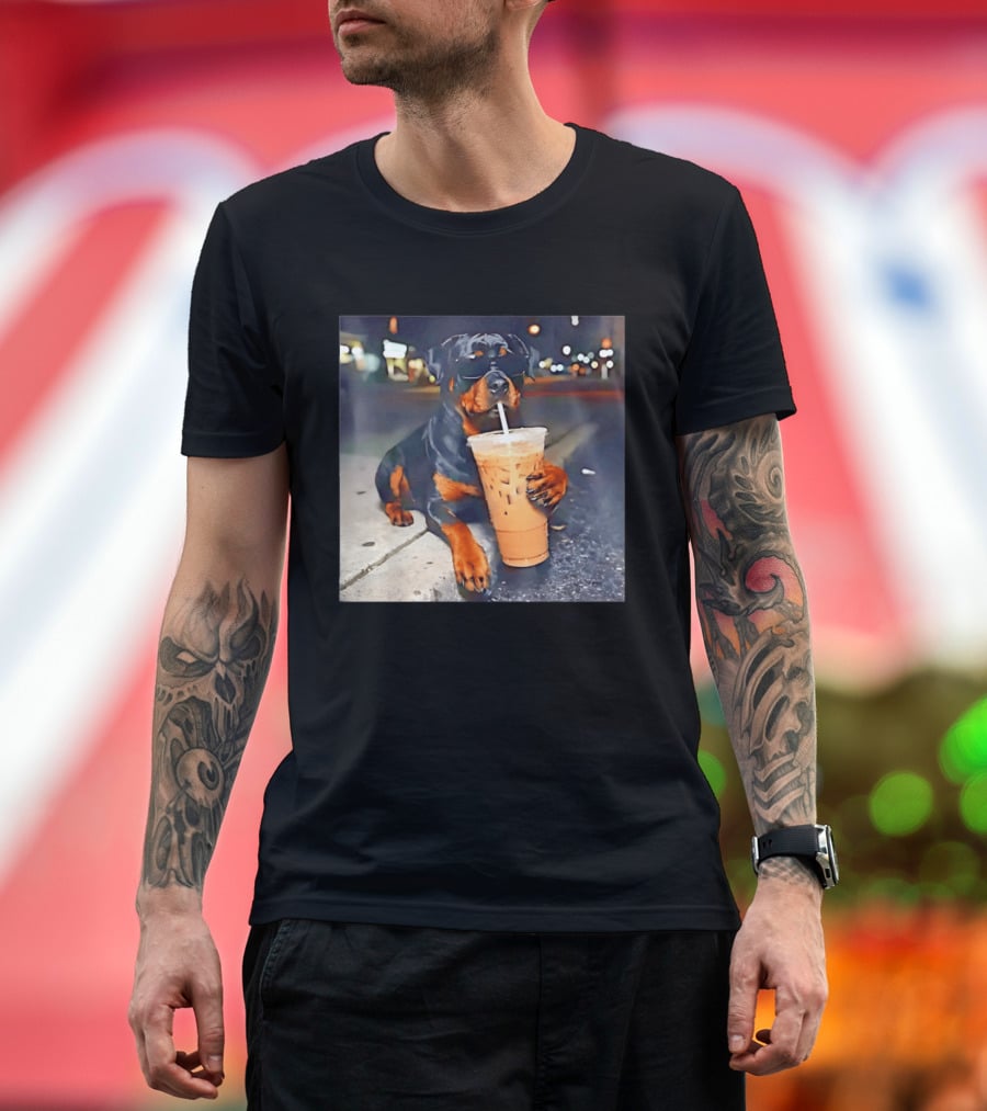Rottweiler Drinking Iced Coffee Wearing Sunglasses Funny Dog T-Shirt