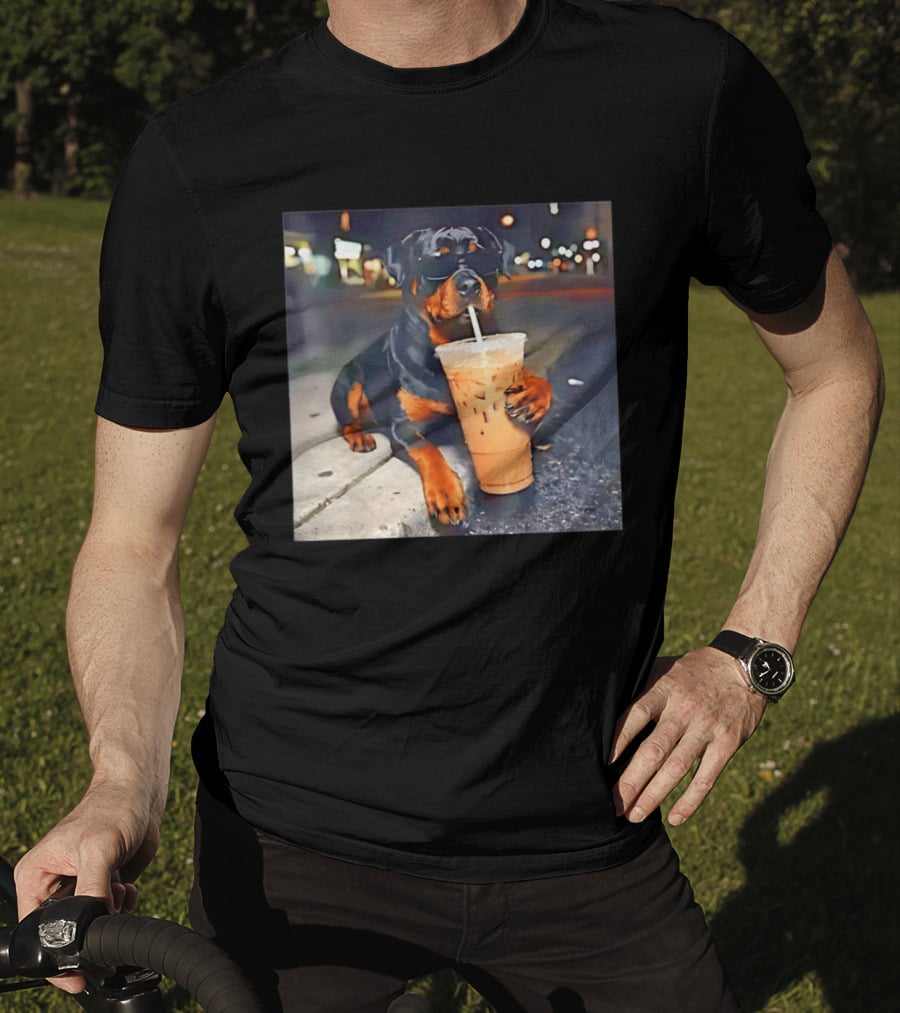 Rottweiler Drinking Iced Coffee Wearing Sunglasses Funny Dog T-Shirt