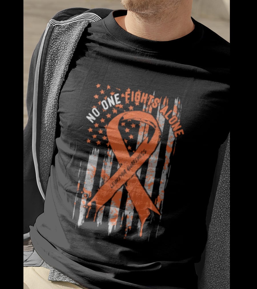 No One Fights Alone Leukemia Awareness Orange Ribbon American Flag T-Shirt