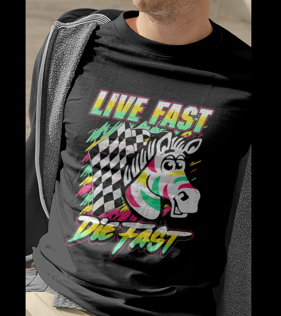 Zebra Checkered Flag Live Fast Die Fast Retro Neon T-Shirt