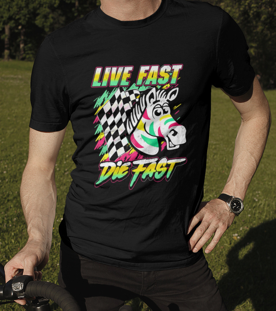Zebra Checkered Flag Live Fast Die Fast Retro Neon T-Shirt