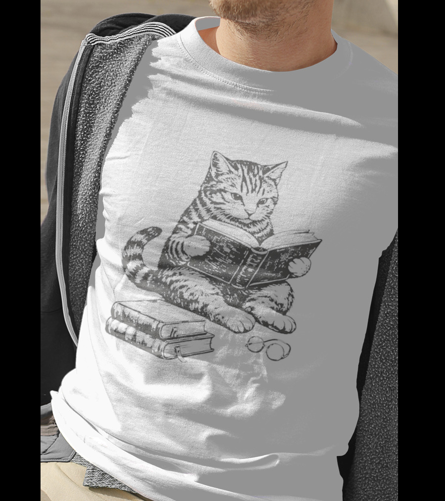 Tabby Cat Sitting And Reading Book With Stacked Books Beneath T-Shirt