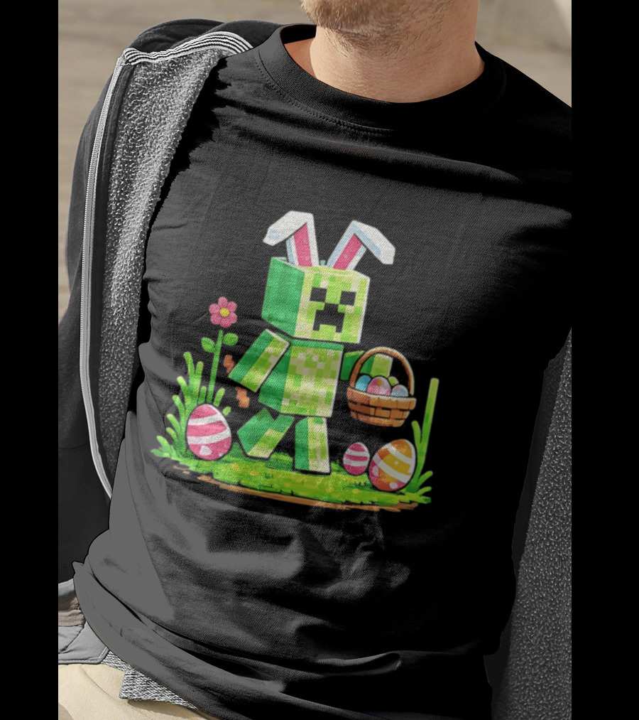 Creeper Rabbit Ears Easter Egg Hunt Gamer Pixel T-Shirt